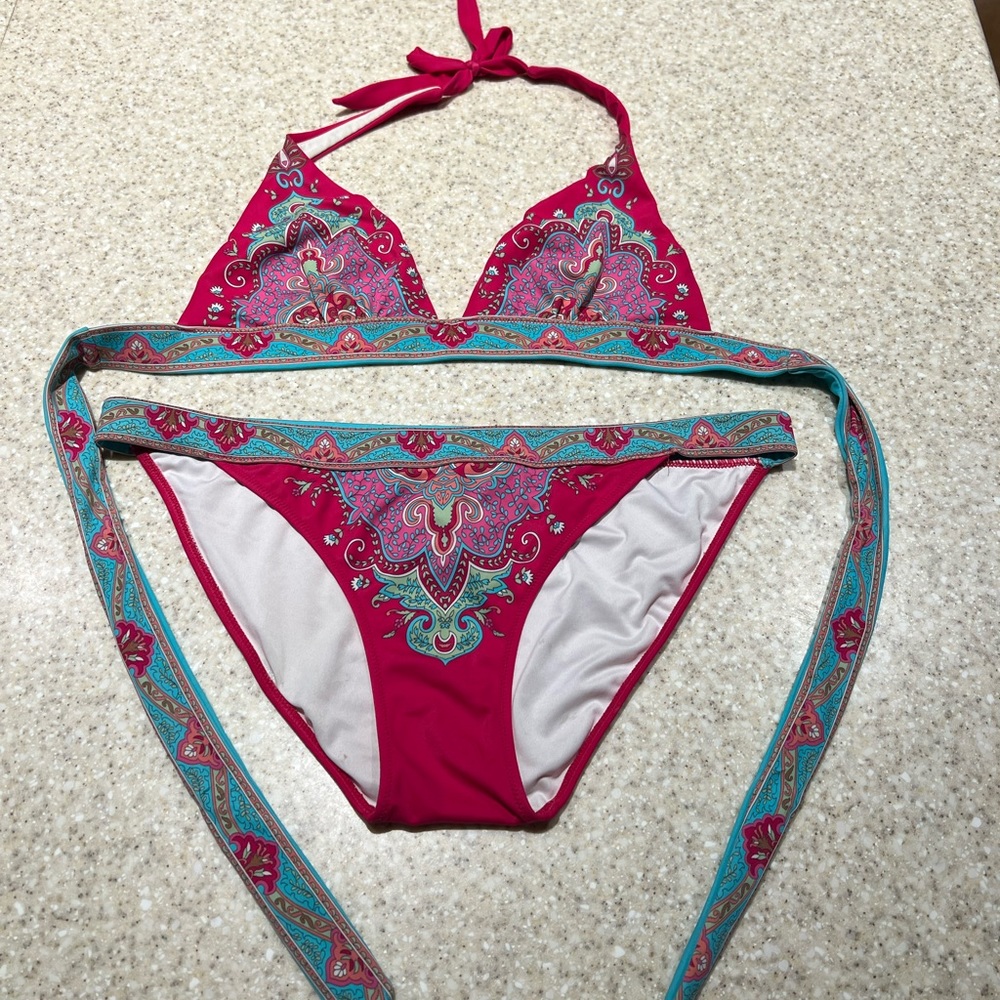 Victoria's Secret Pink Women's Medium Swimsuit Bikini Two Piece Pink Blue Boho